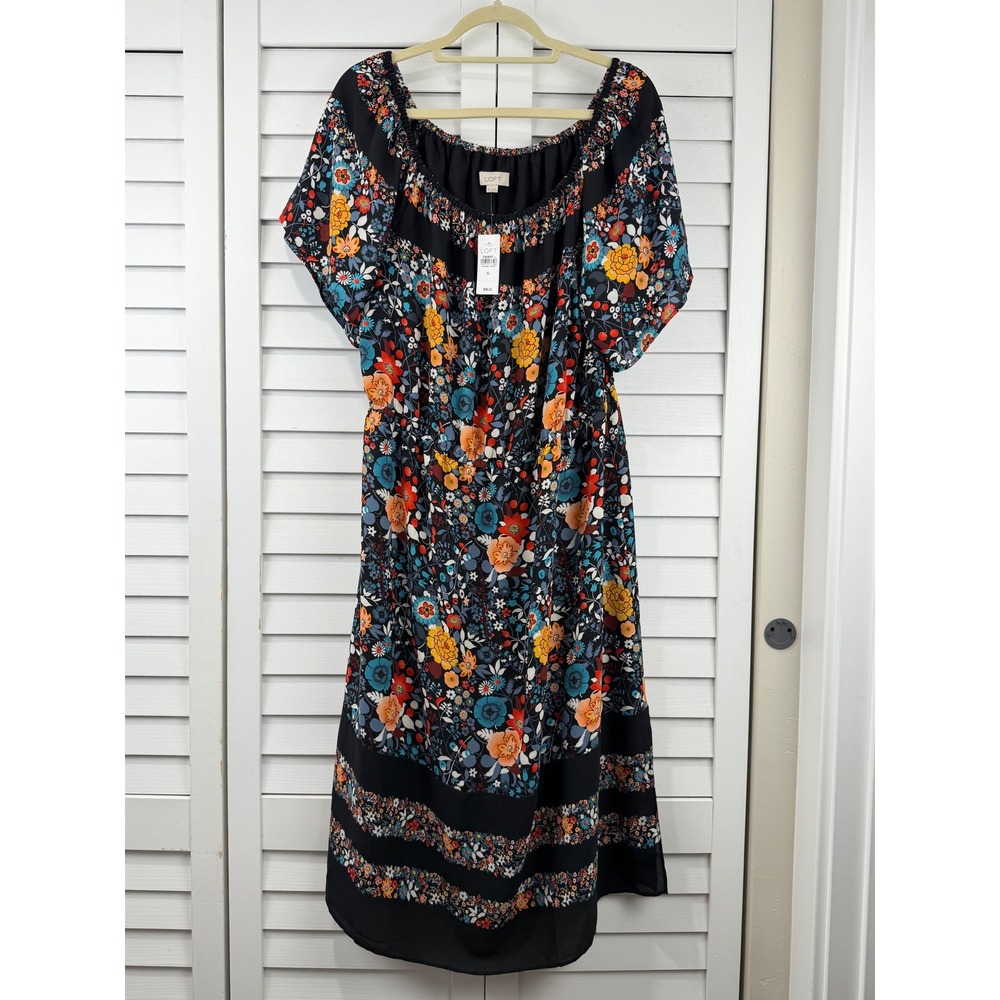 LOFT Floral Midi Dress XL Black Multi Color Short Sleeve NEW